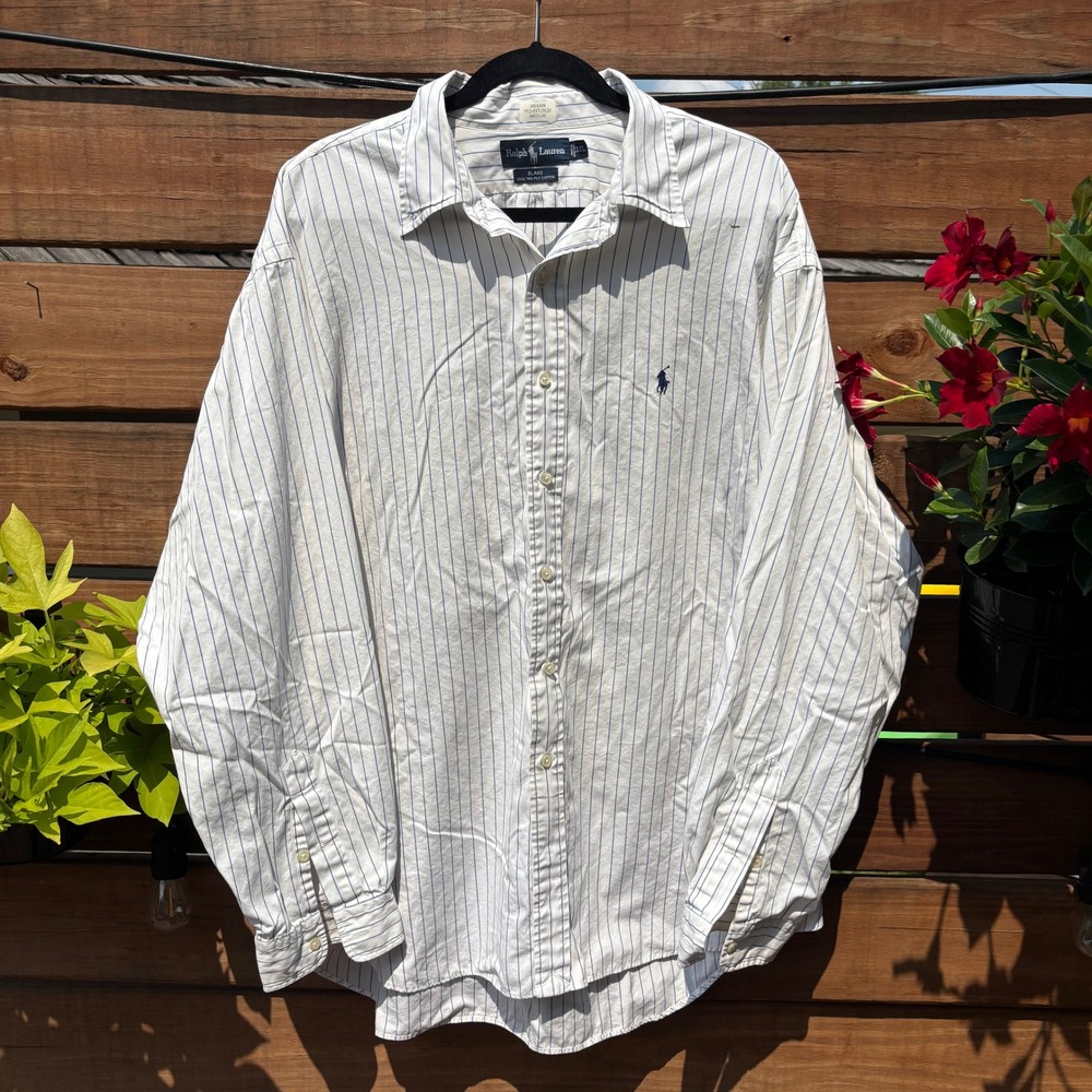 Ralph Lauren Button Down Mens XXL White Blue Striped Good Blake Cotton Shirt
